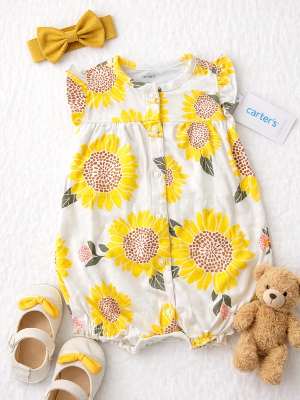 Carter's Yellow Sunflower Romper with ruffle accent